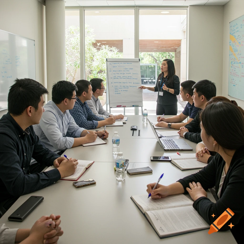 A woman presents to a group of students or colleagues in a bright seminar room.