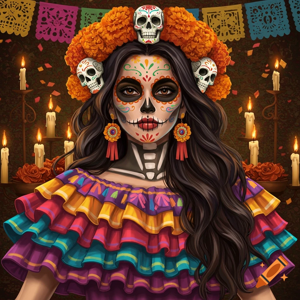 A woman with colorful Dia de los Muertos makeup, a marigold and skull headdress, and a vibrant ruffled dress, surrounded by candles and papel picado.