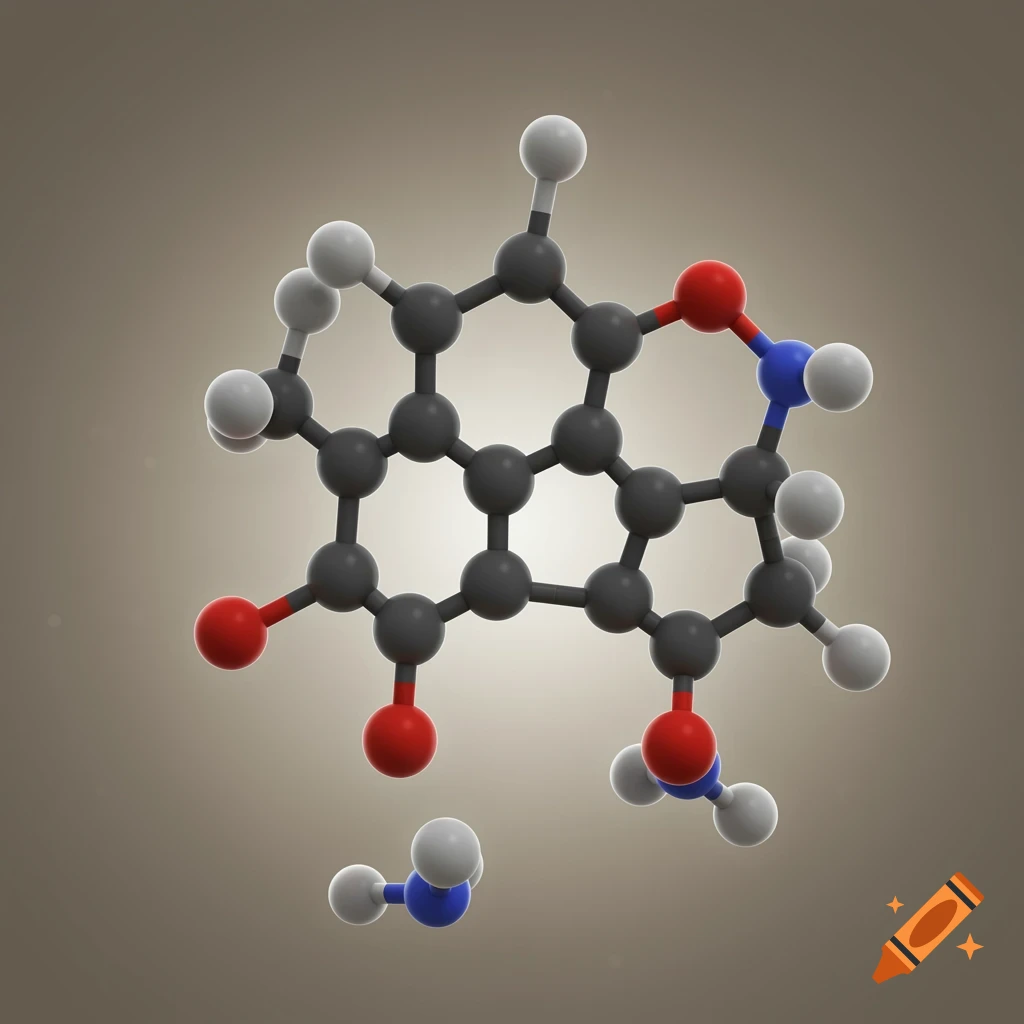 3D rendering of a molecule with gray, white, blue, and red atoms.