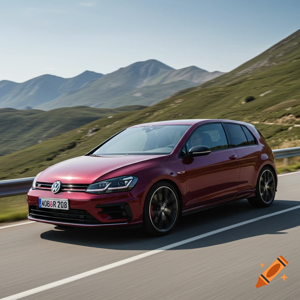 A maroon Volkswagen Golf R drives on a mountain road.