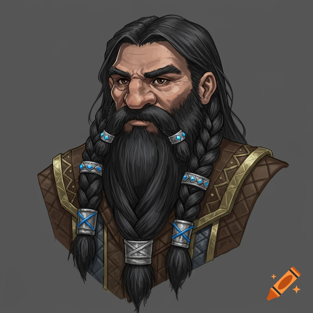 Portrait of a fantasy dwarf with a braided black beard and hair, wearing decorative bands.