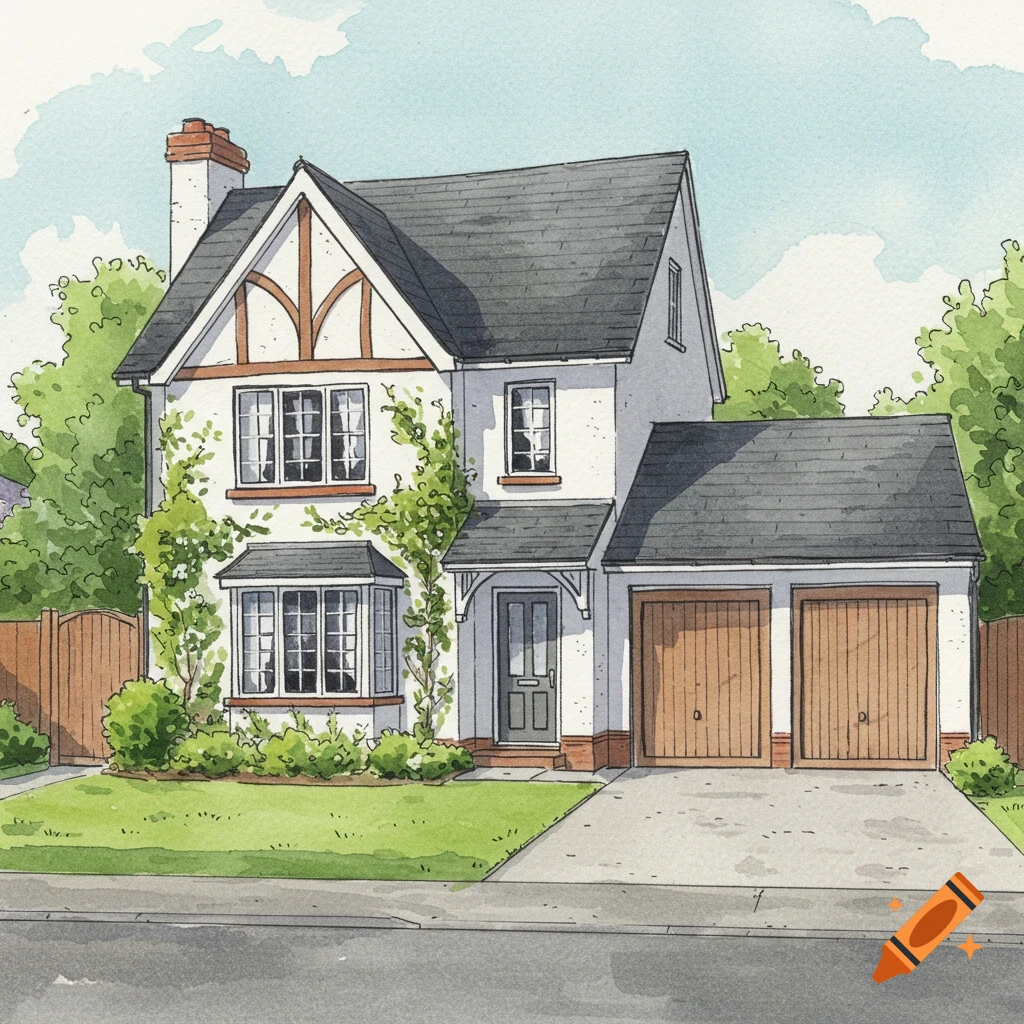 A watercolor painting of a house with a double garage.