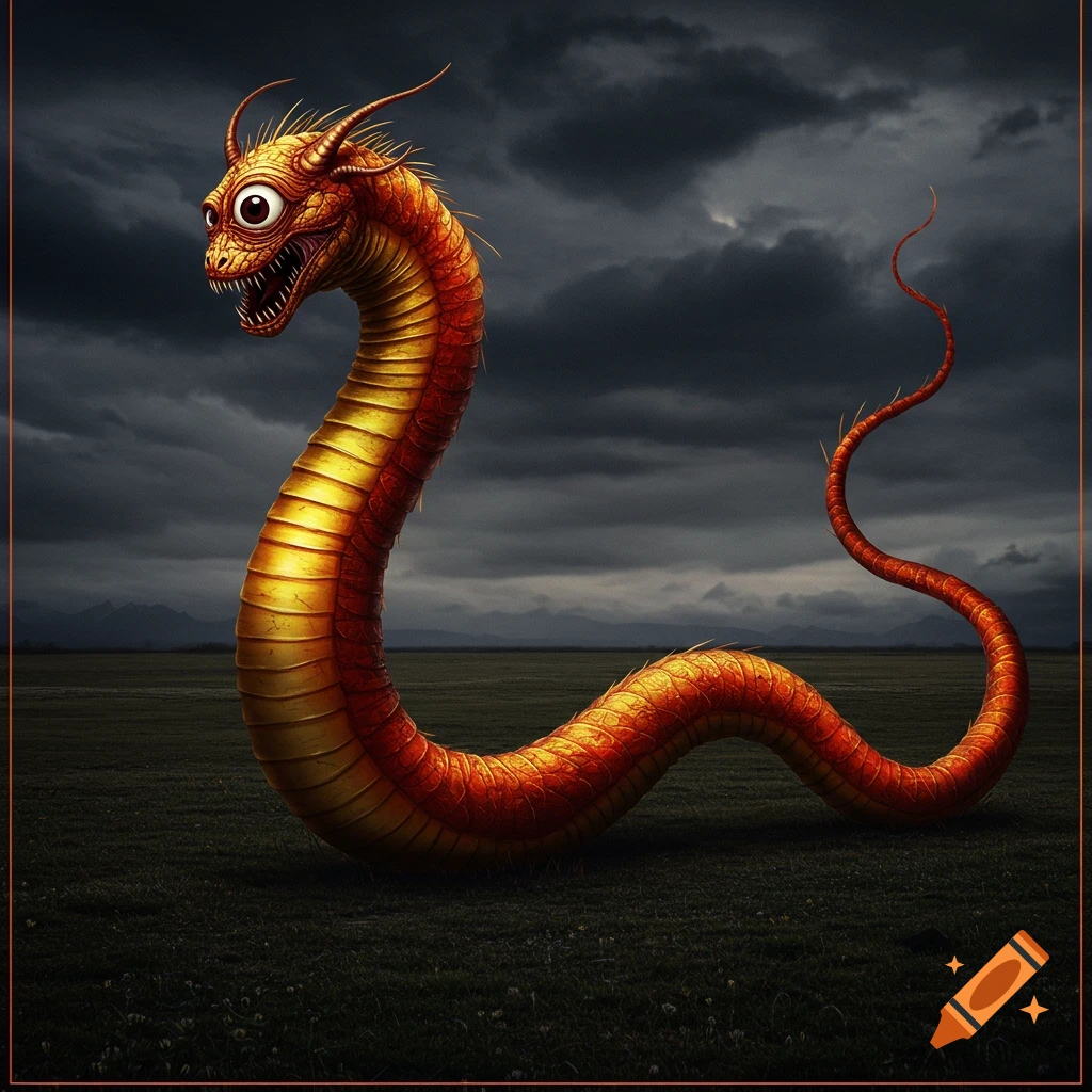 A large, orange and yellow snake-like monster with a single large eye stands in a dark field under stormy clouds.