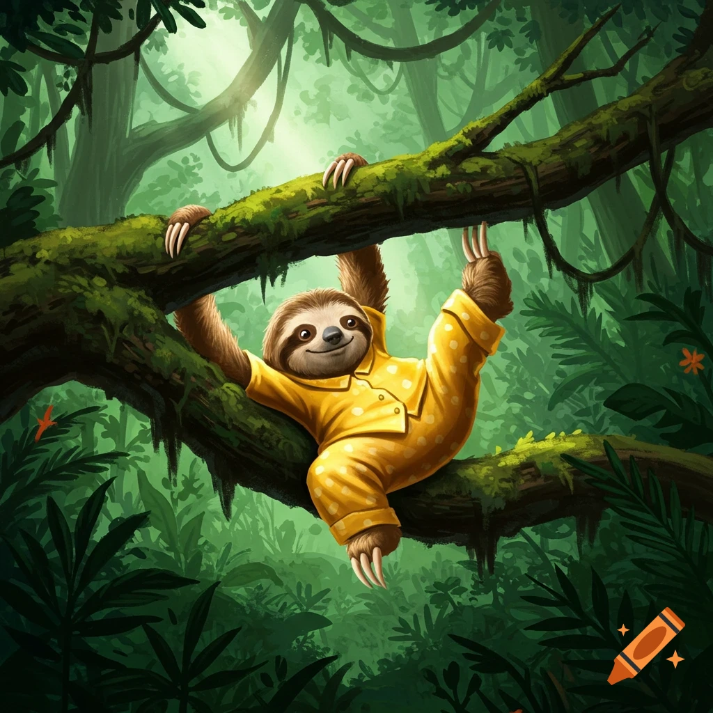 A smiling sloth in yellow pajamas is hanging from a jungle tree branch.
