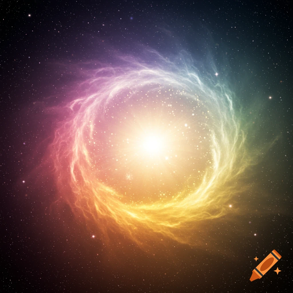 Bright, glowing ring of rainbow-colored energy in space with stars