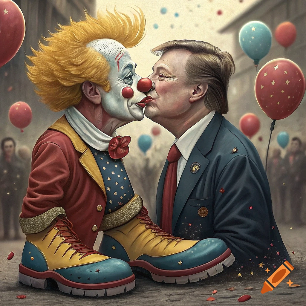 A clown kisses a man in a suit at an outdoor event with balloons.