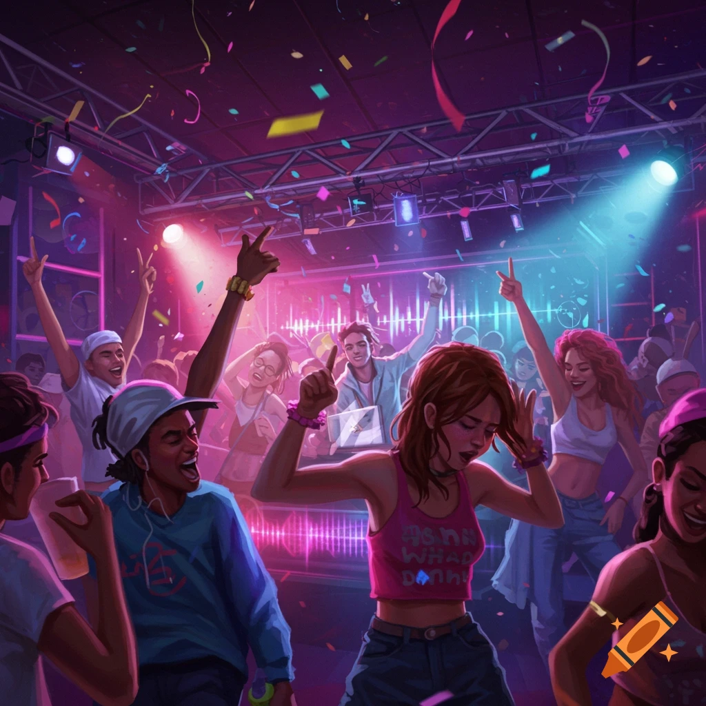 A group of diverse people dancing and celebrating at a vibrant party with confetti and stage lights.