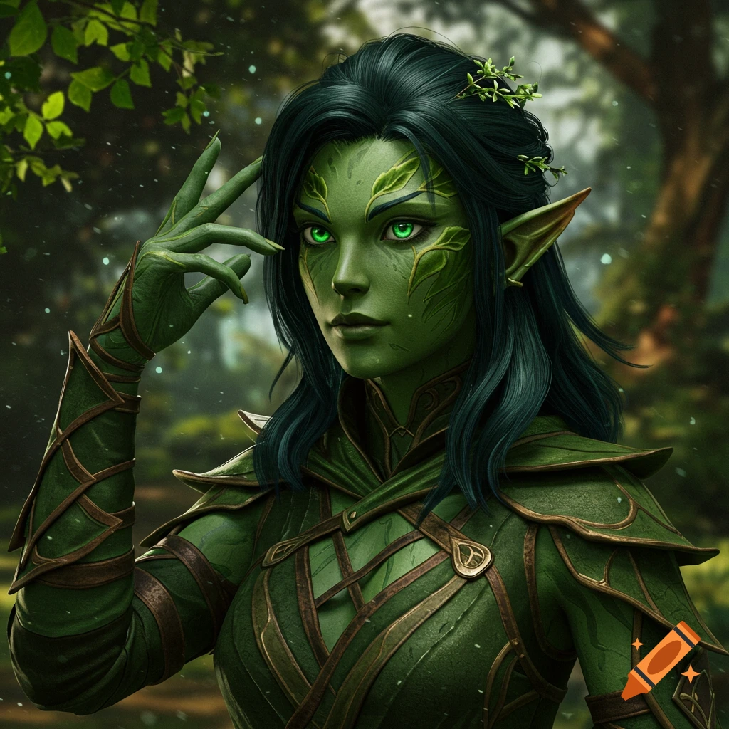 Realistic portrait of a green-skinned fantasy character with pointed ears and green eyes, wearing green armor in a forest.