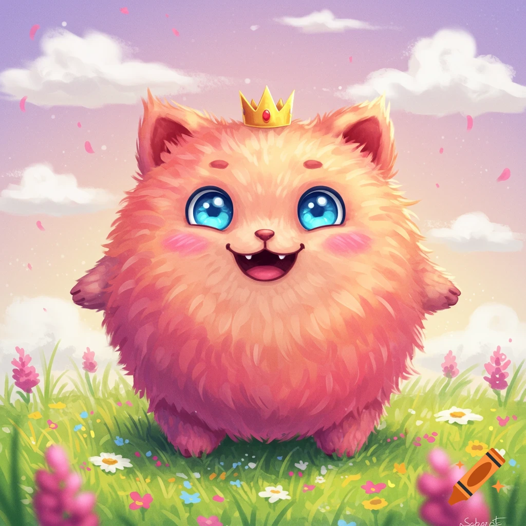 A cute fluffy pink creature with big blue eyes and a crown stands in a field of flowers.