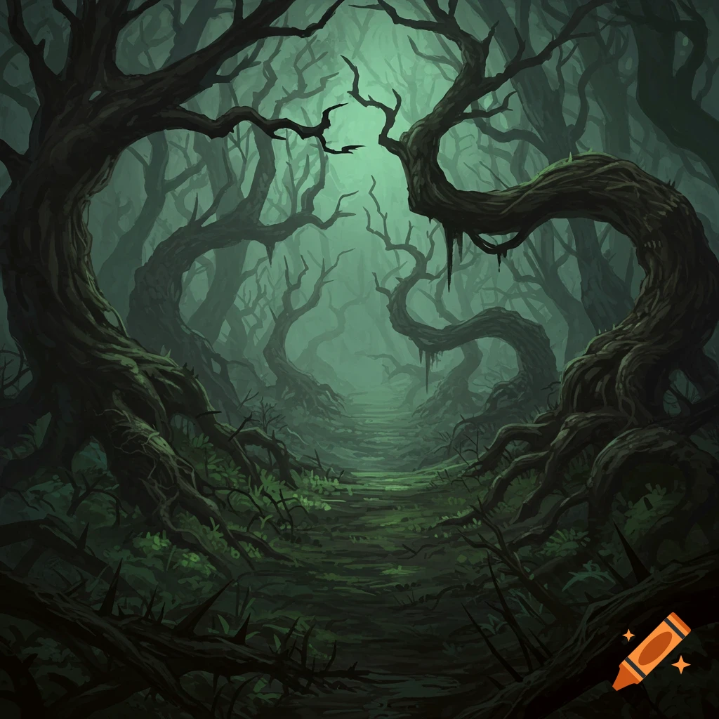 A dark, eerie forest path winds through twisted trees