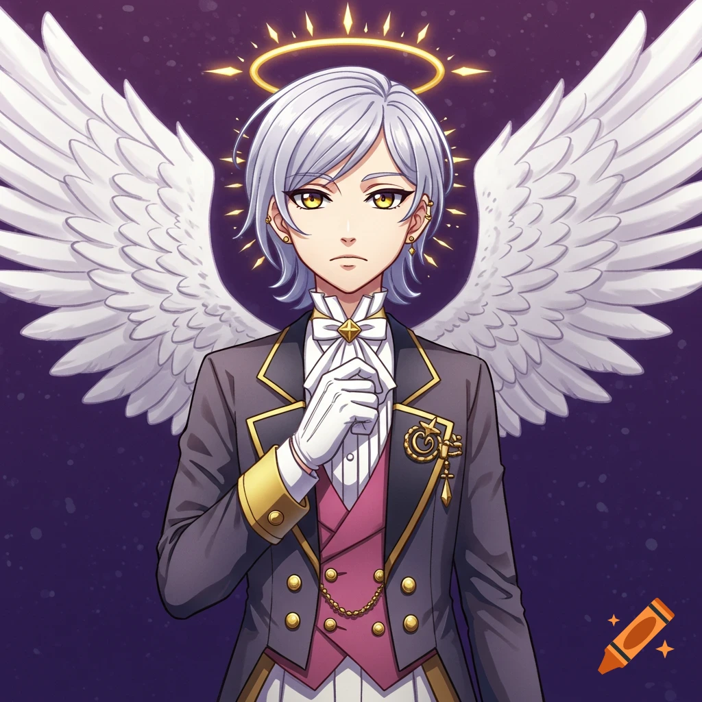 Anime portrait of a character with silver hair, yellow eyes, white wings, halo, and tuxedo.