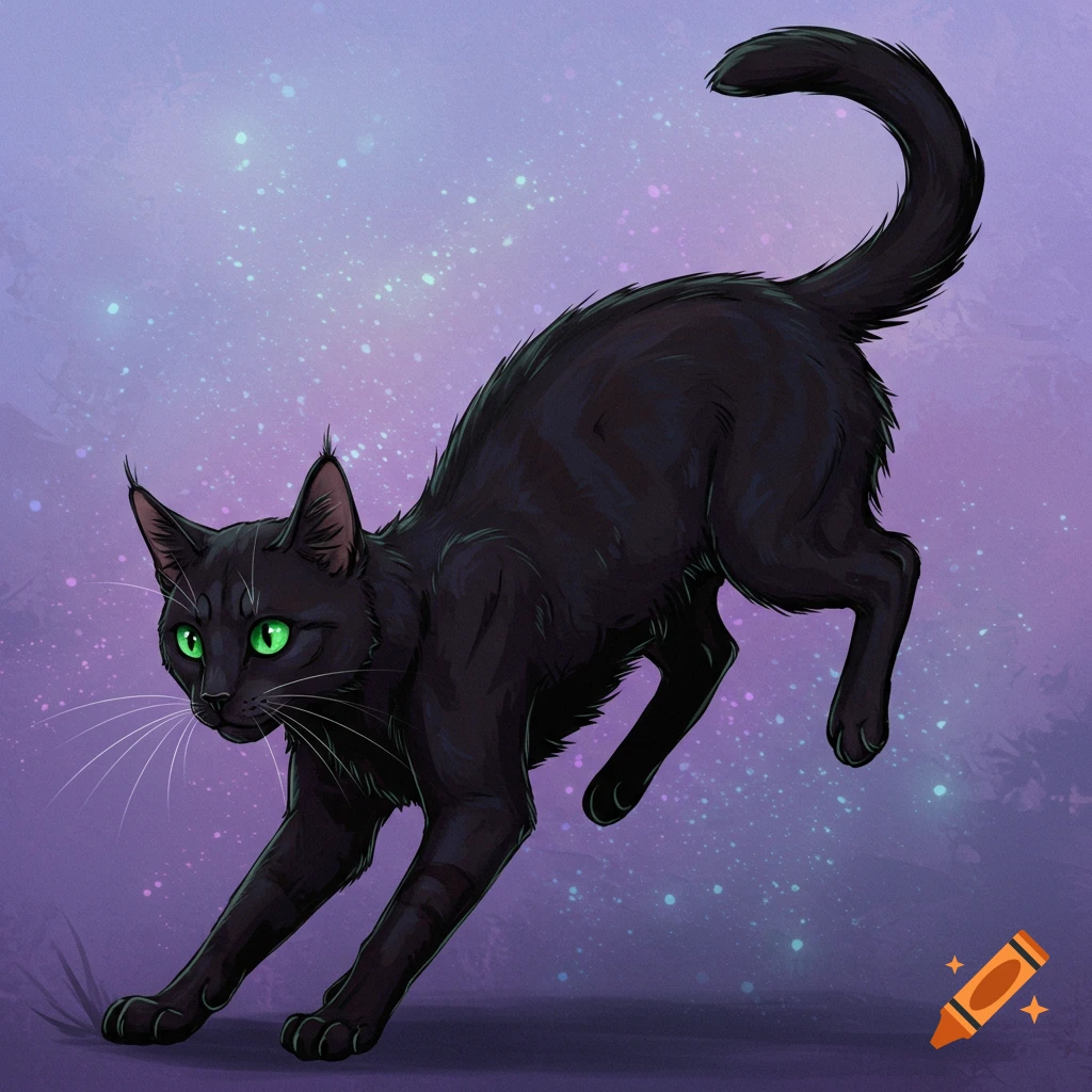 A black cat stretches forward with bright green eyes against a purple and starry background.