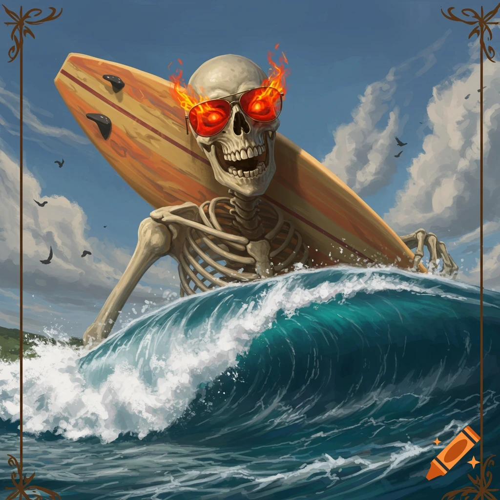 A skeleton surfer with fiery eyes and sunglasses riding a wave.