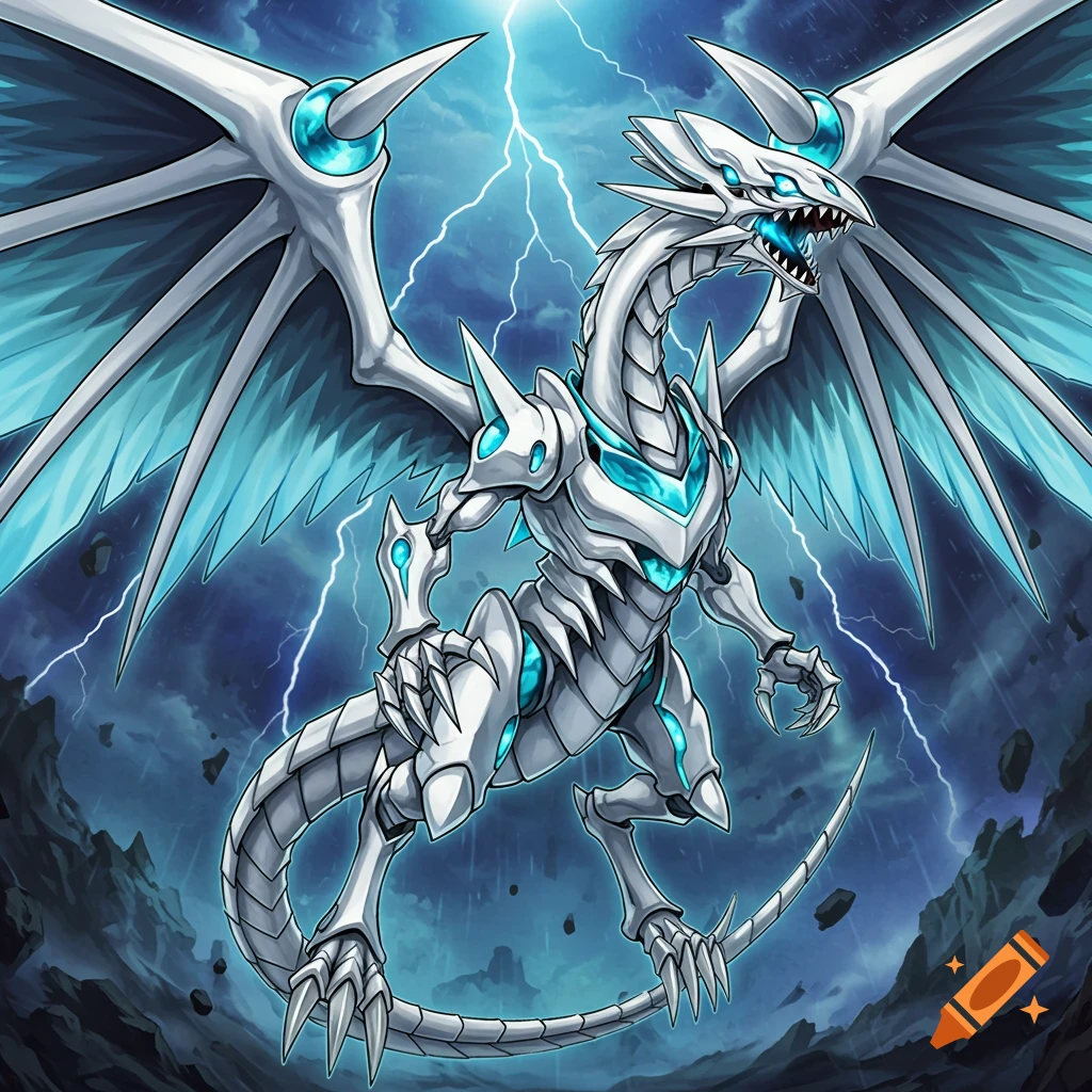 White and blue armored dragon with wings and lightning against a stormy sky in an anime style