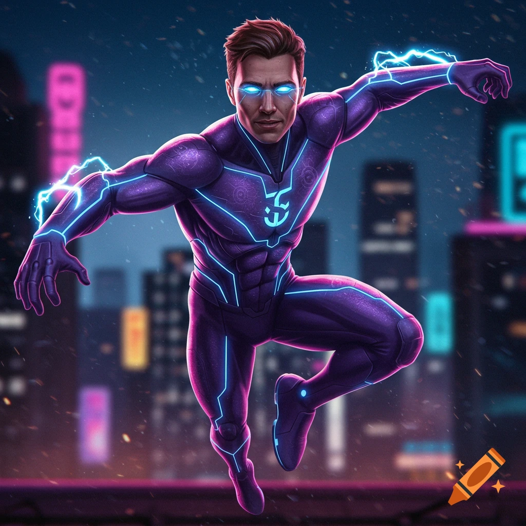 A superhero in a purple suit with blue glowing lines and lightning effect flies over a city at night.