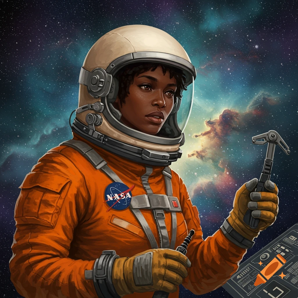 A Black female astronaut in an orange suit holding tools in space.