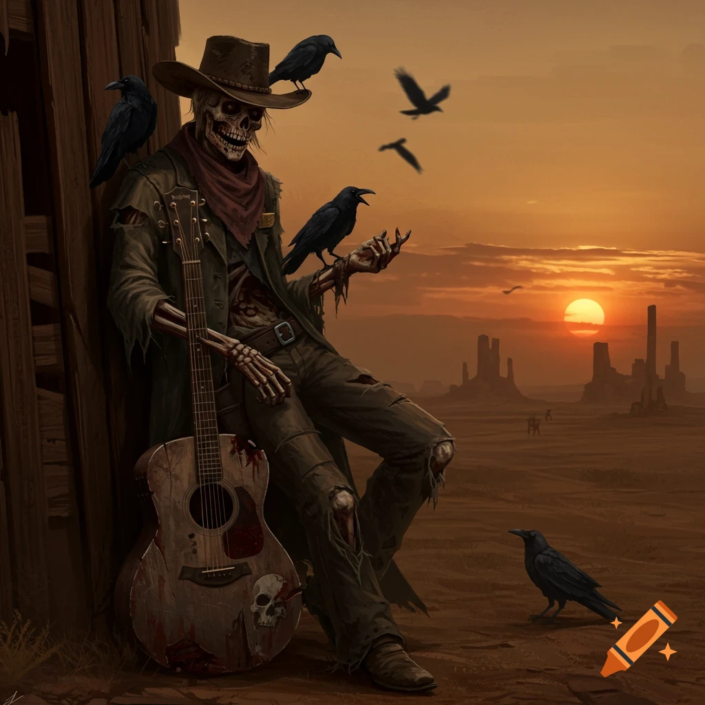 Skeletal cowboy with crows leaning on a wall holding a guitar in a desert at sunset, digital art.