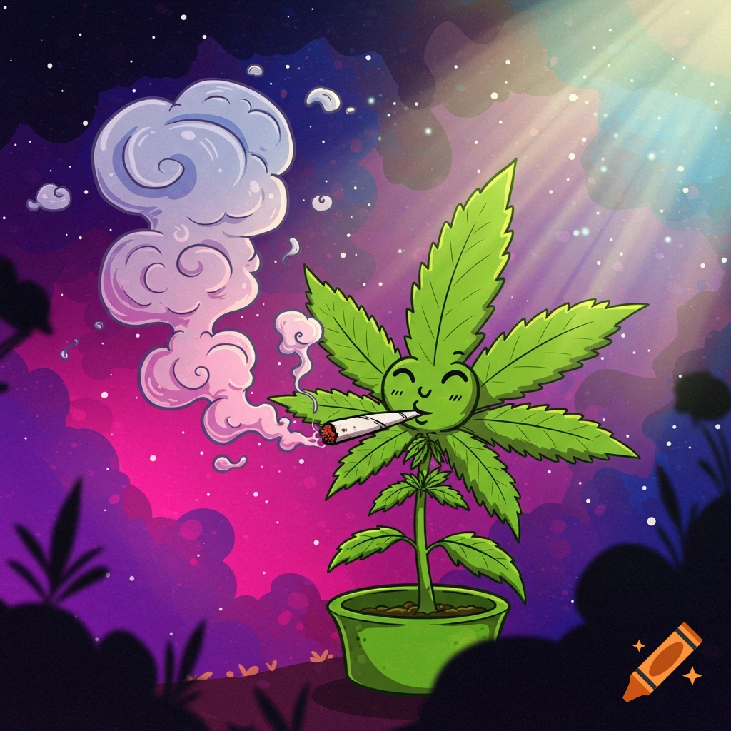 Cartoon marijuana plant smoking a joint in a colorful spacey background