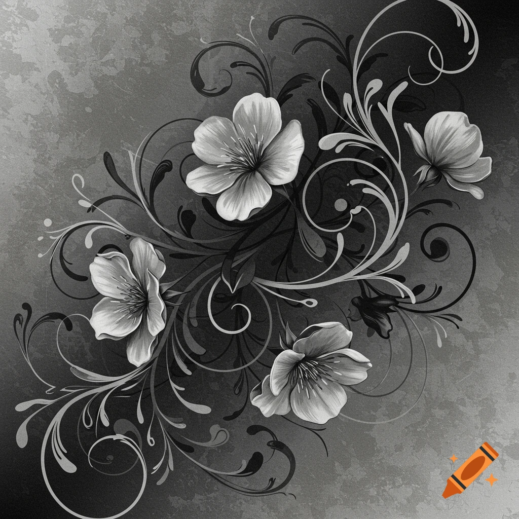 Black and white vintage flowers and swirling vines.