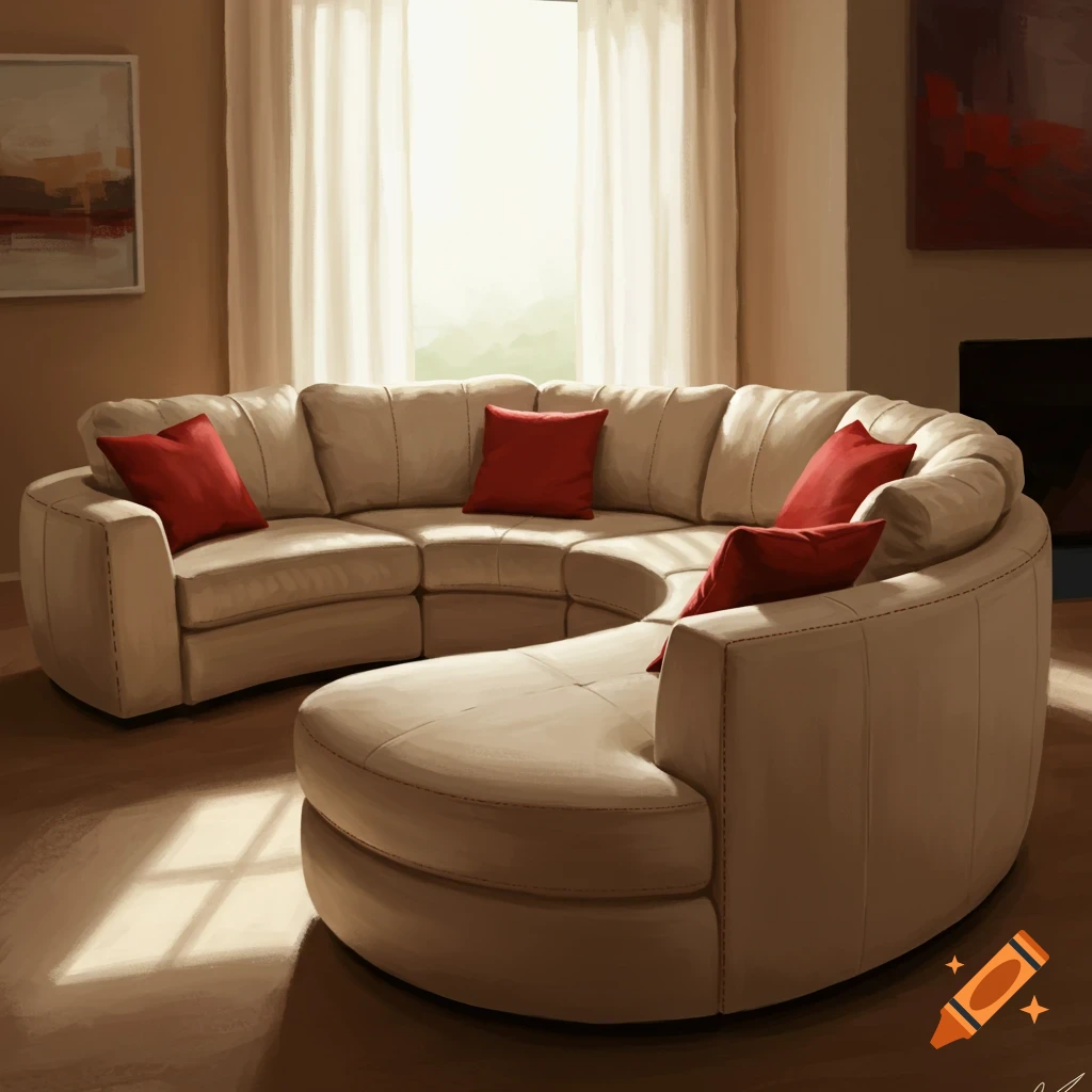 A beige curved sectional sofa with red pillows in a sunlit living room.