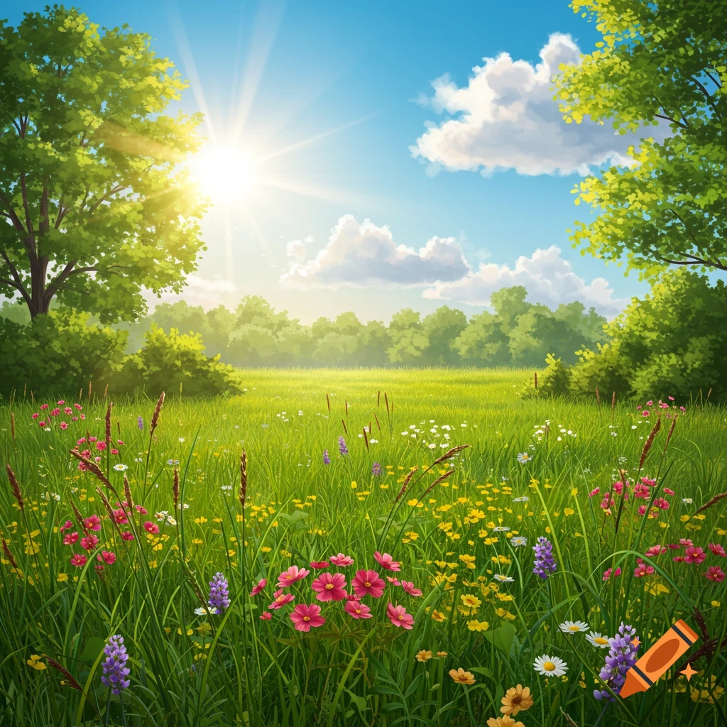 Bright spring landscape painting with a sunny meadow, colorful wildflowers, grass, trees, and blue sky with clouds.