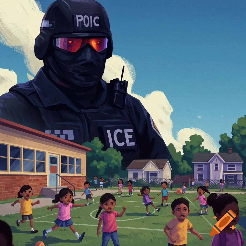 A large figure towering over children playing in a schoolyard.