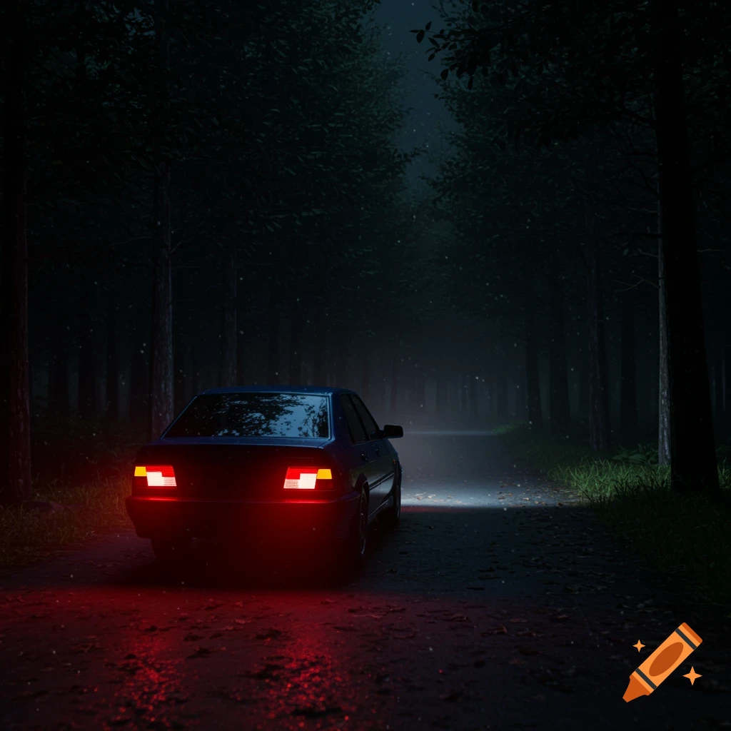 A dark blue car drives through a dark, rainy forest at night, headlights piercing the gloom and taillights glowing red. Cinematic style.