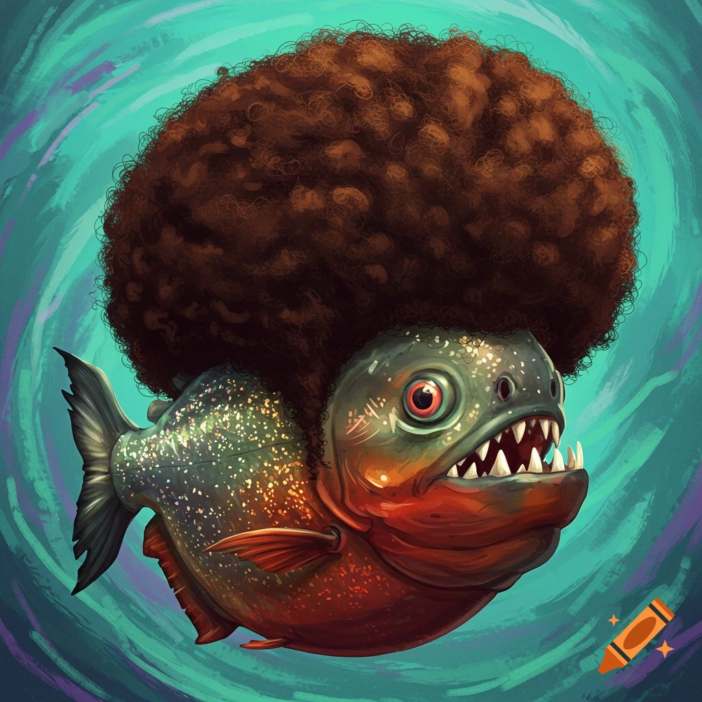 A stylized image of a piranha fish with a large brown afro.