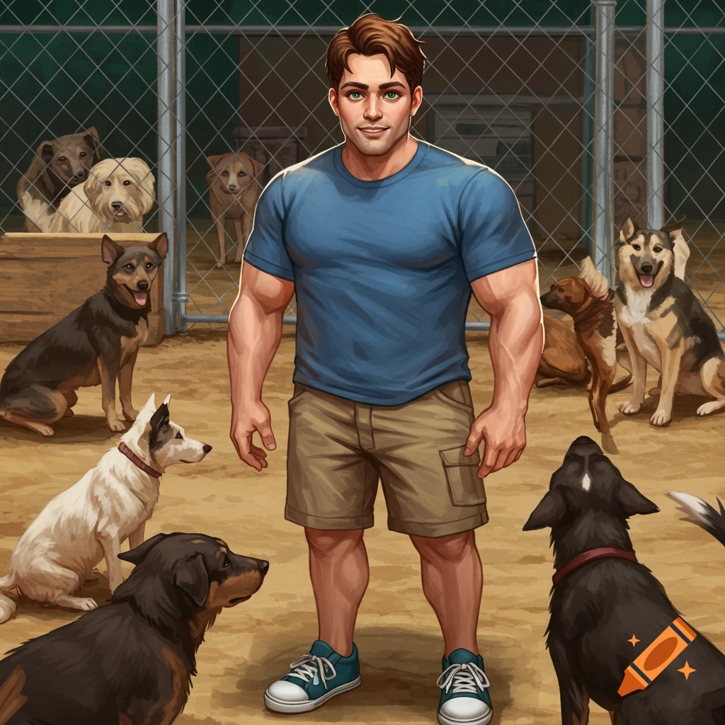 Muscular man in a blue shirt and khaki shorts surrounded by various dogs at a shelter.