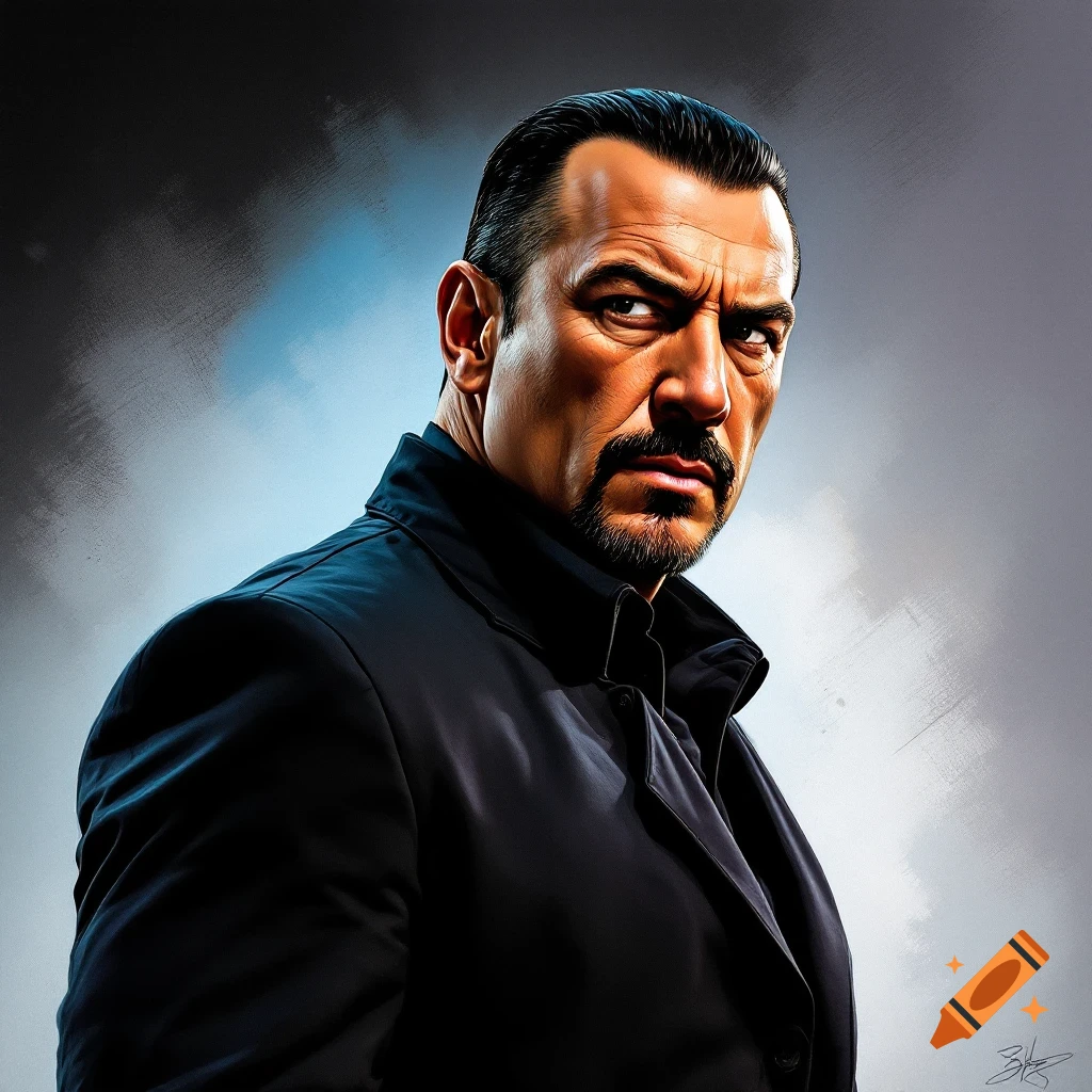 A man in a dark coat with an intense expression, in a movie poster style.