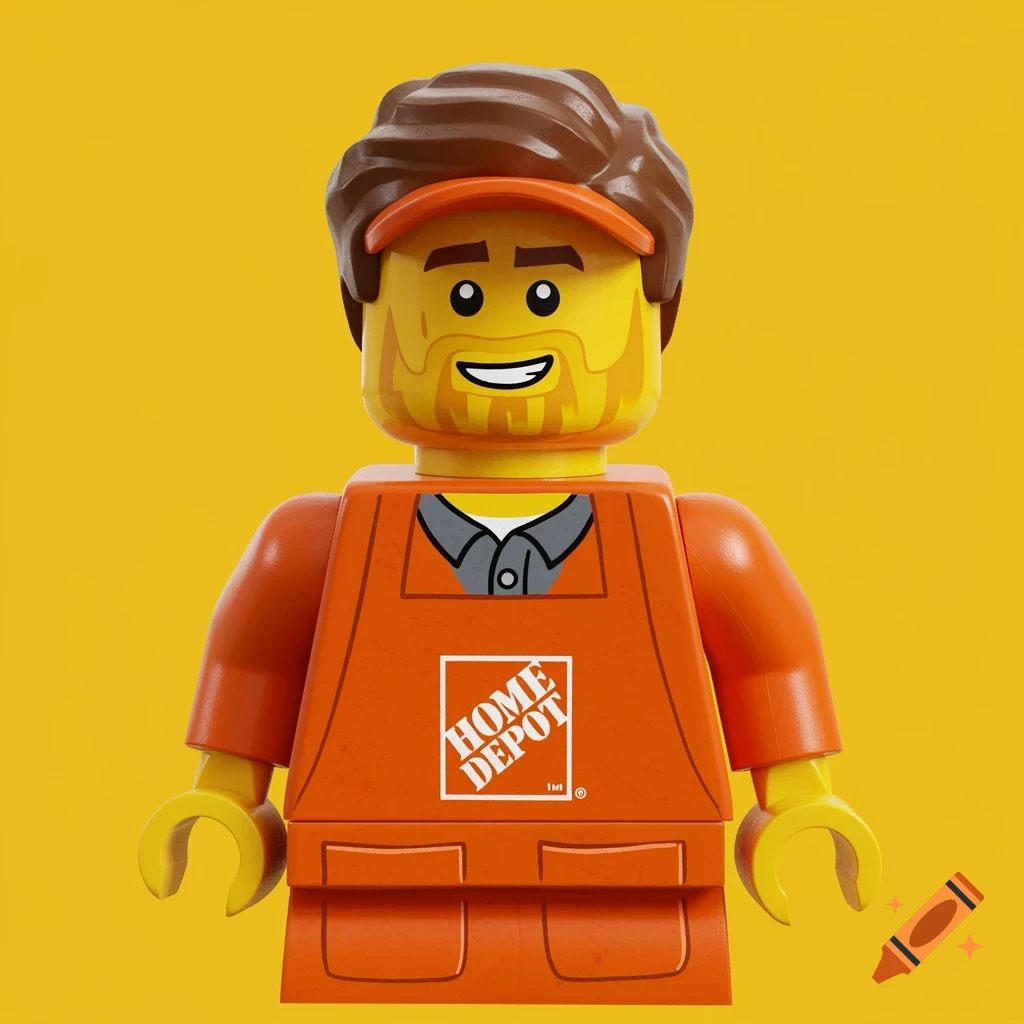 Cartoon LEGO minifigure wearing a Home Depot apron against a yellow background.