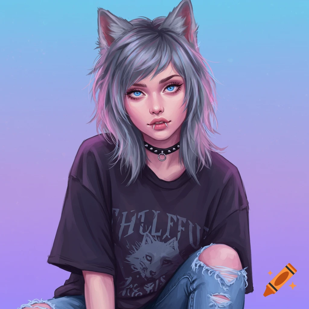 Woman with wolf ears and blue eyes, wearing ripped jeans and a t-shirt.