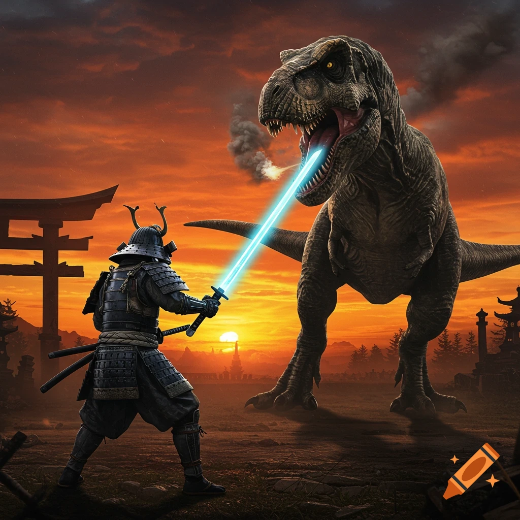 A samurai fights a T-Rex with a lightsaber against a sunset sky with a Japanese torii gate.