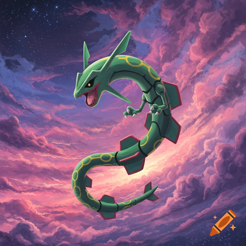Rayquaza flying through purple and pink clouds against a starry sky.