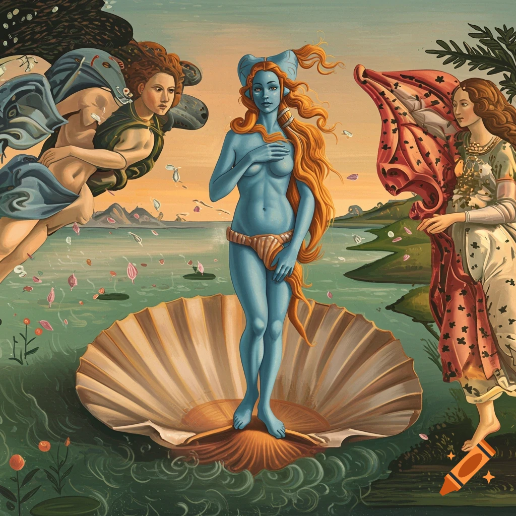 A blue-skinned Twi'lek stands in a seashell surrounded by mythical figures, in a style inspired by Botticelli's Birth of Venus.