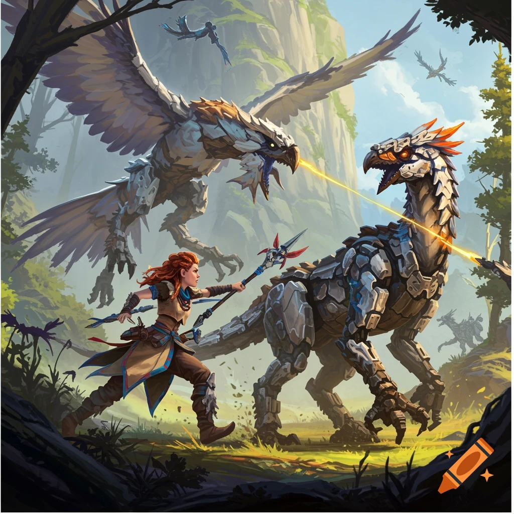 Aloy from Horizon Zero Dawn fights a Stormbird and a Thunderjaw in a forest.