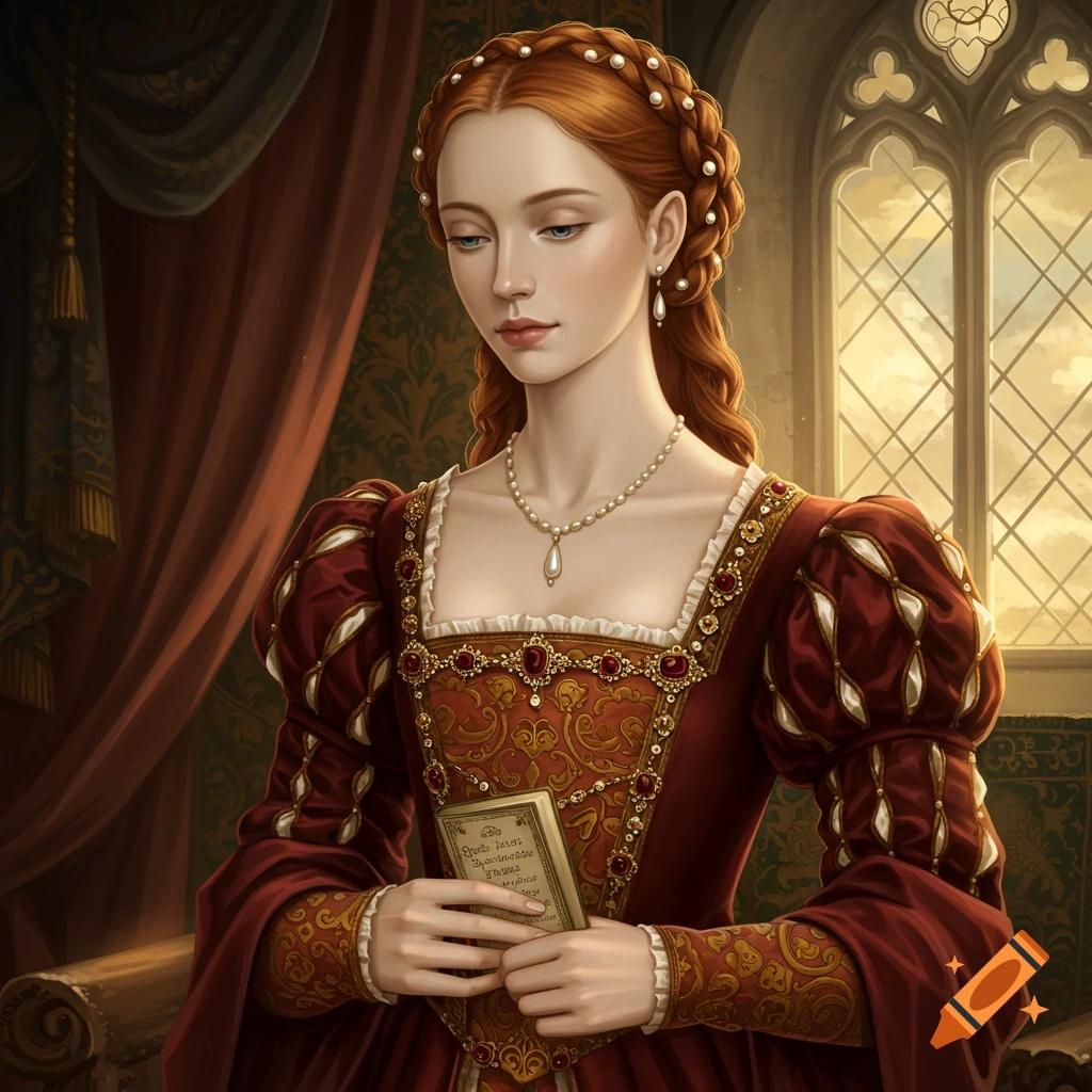 A woman in a red Tudor dress holding a book