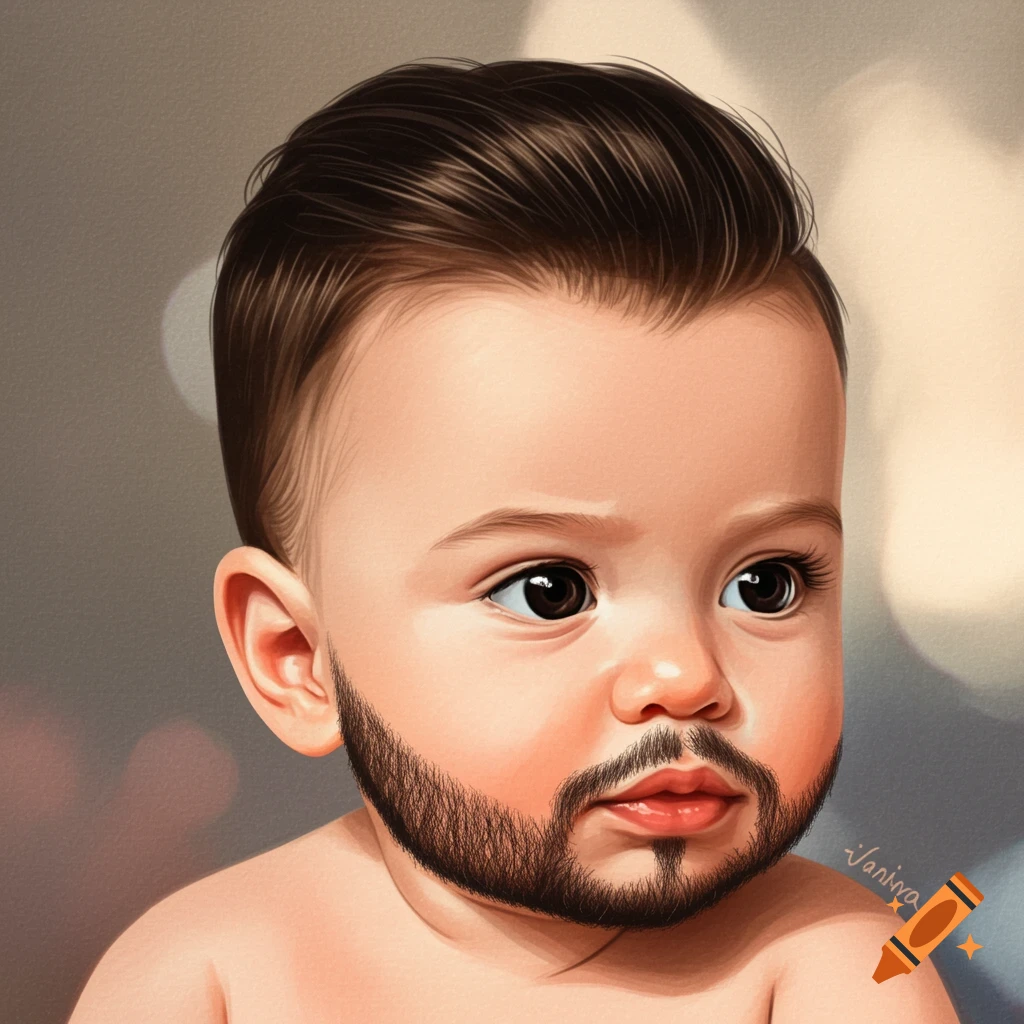 A baby with a beard and slicked-back hair.