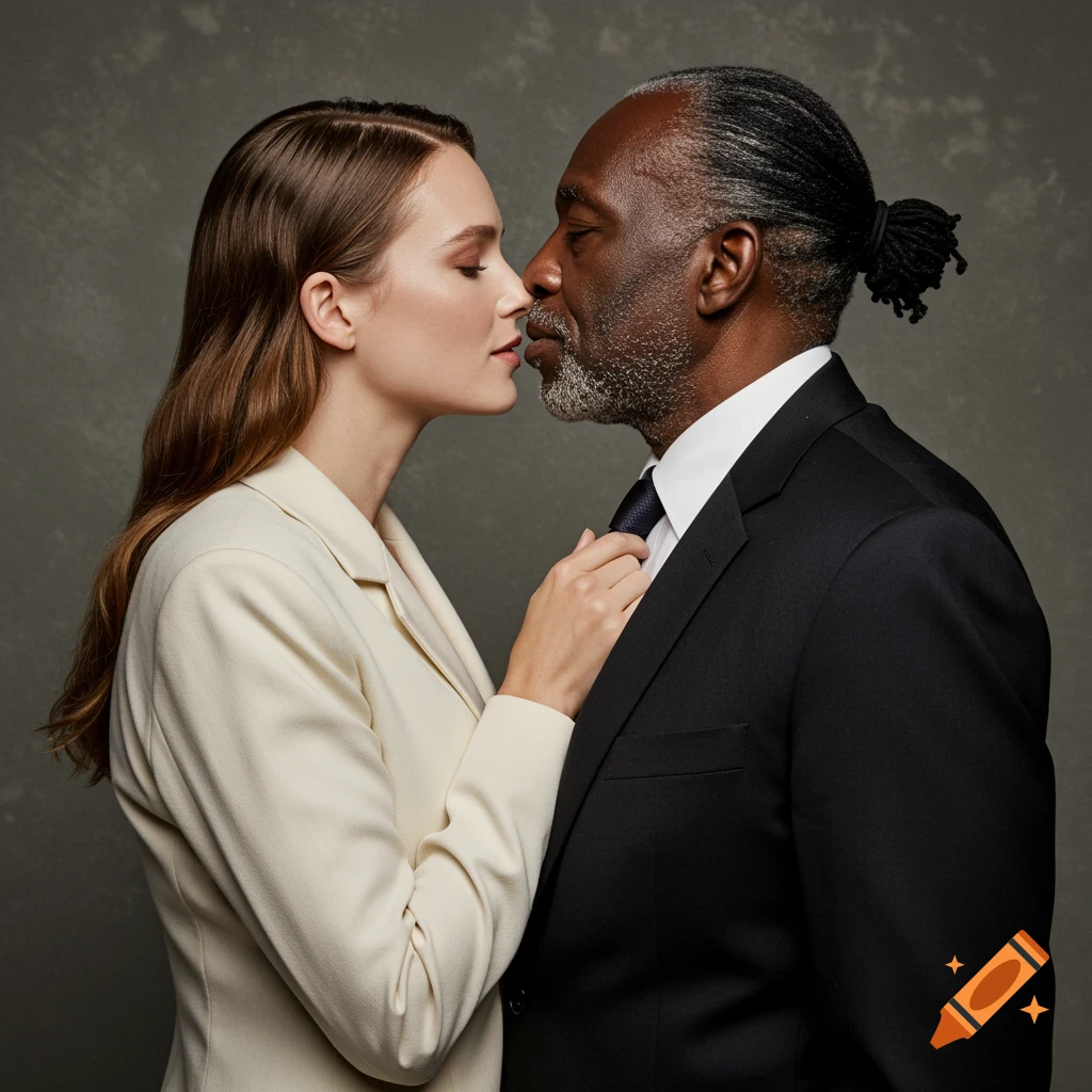 Close-up profile photo of a formally dressed Black man and White woman sharing a tender kiss.