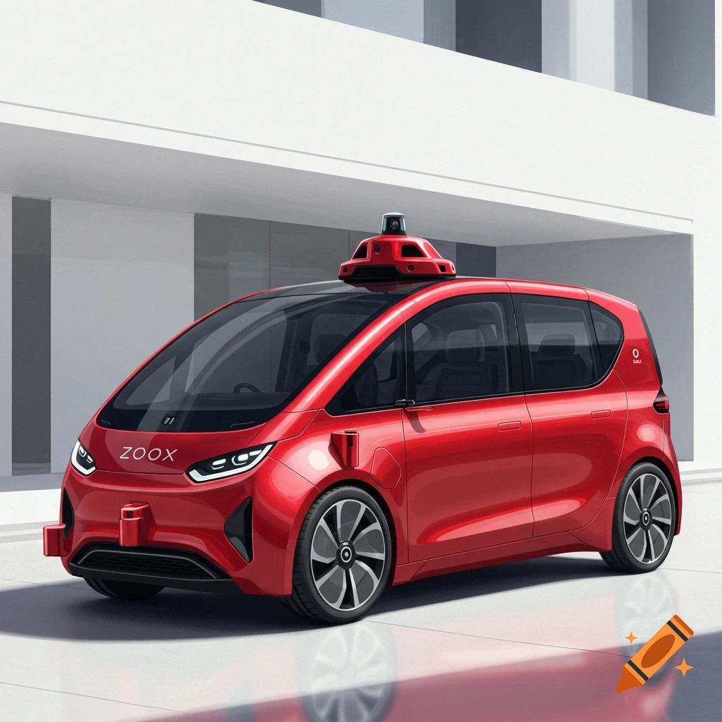 Red Zoox autonomous vehicle parked in front of a modern white building.