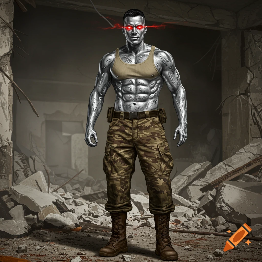 A muscular silver-skinned superhero with glowing red eyes wears military gear in building rubble.