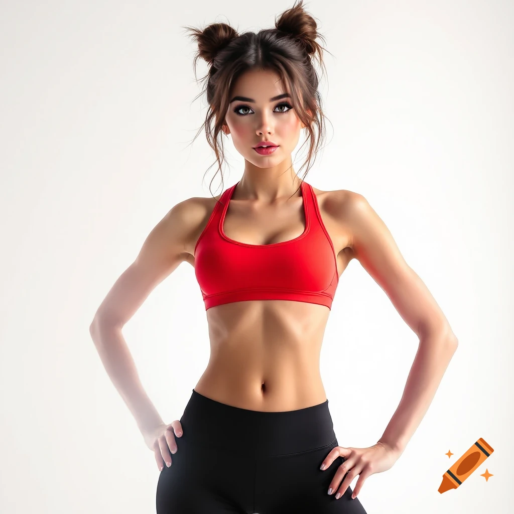 Portrait of a fit woman in a red sports bra and black leggings
