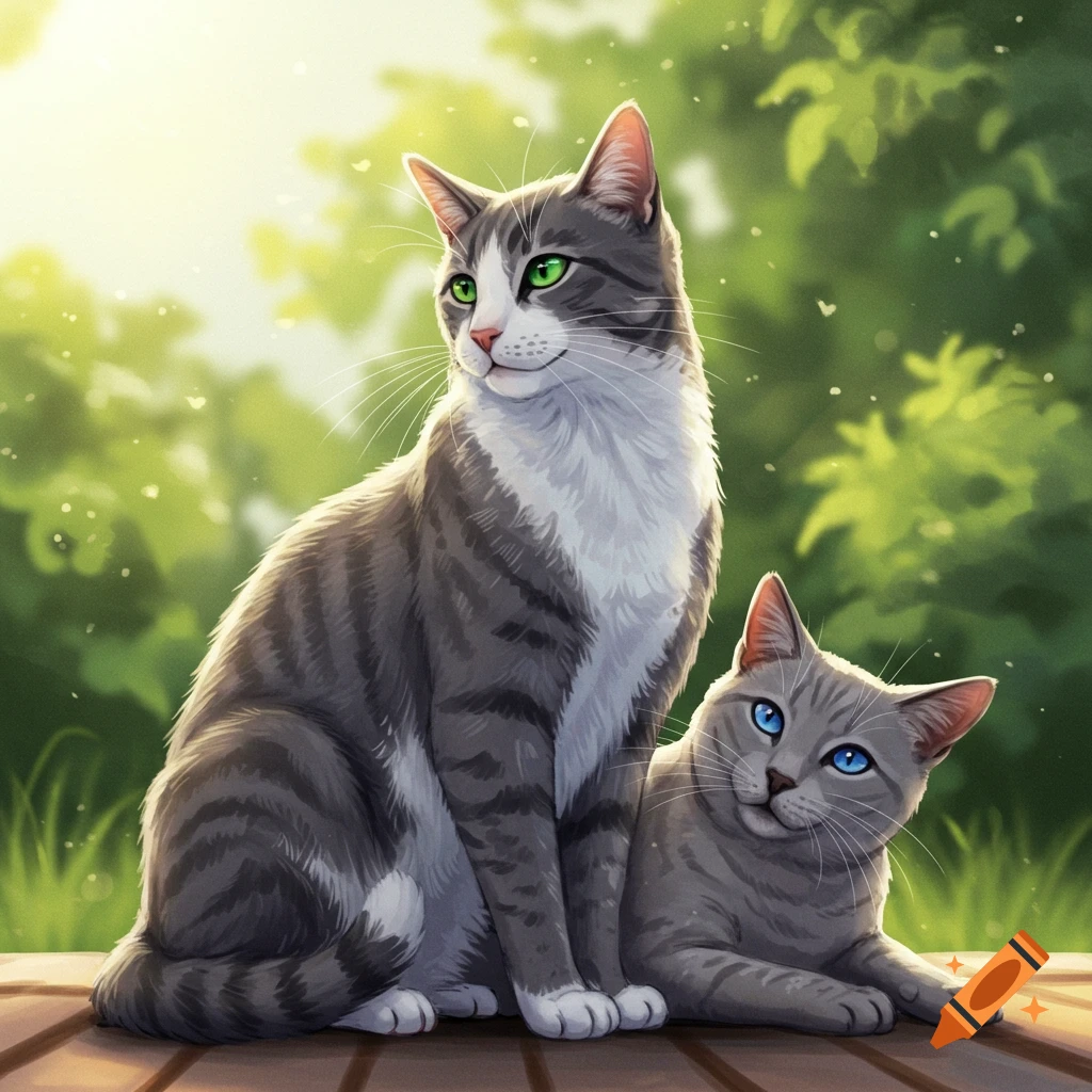 Two cats, one grey and white, one grey, sitting on a wooden deck with green foliage background.