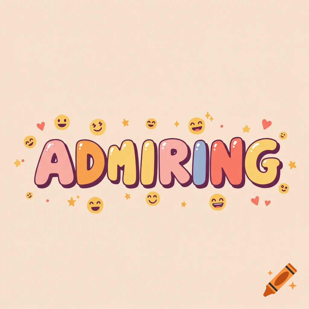 The word ADMIRING in colorful bubble letters surrounded by stars, hearts, and smiling emojis on a light background.