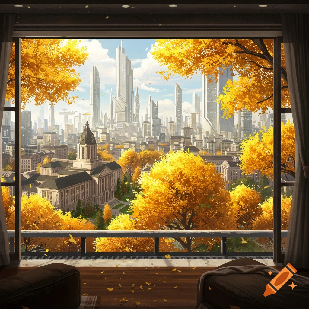 View from a window of a metropolis and university building surrounded by bright yellow autumn trees.