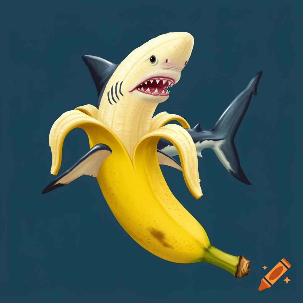 A surreal image of a shark emerging from a peeled banana.