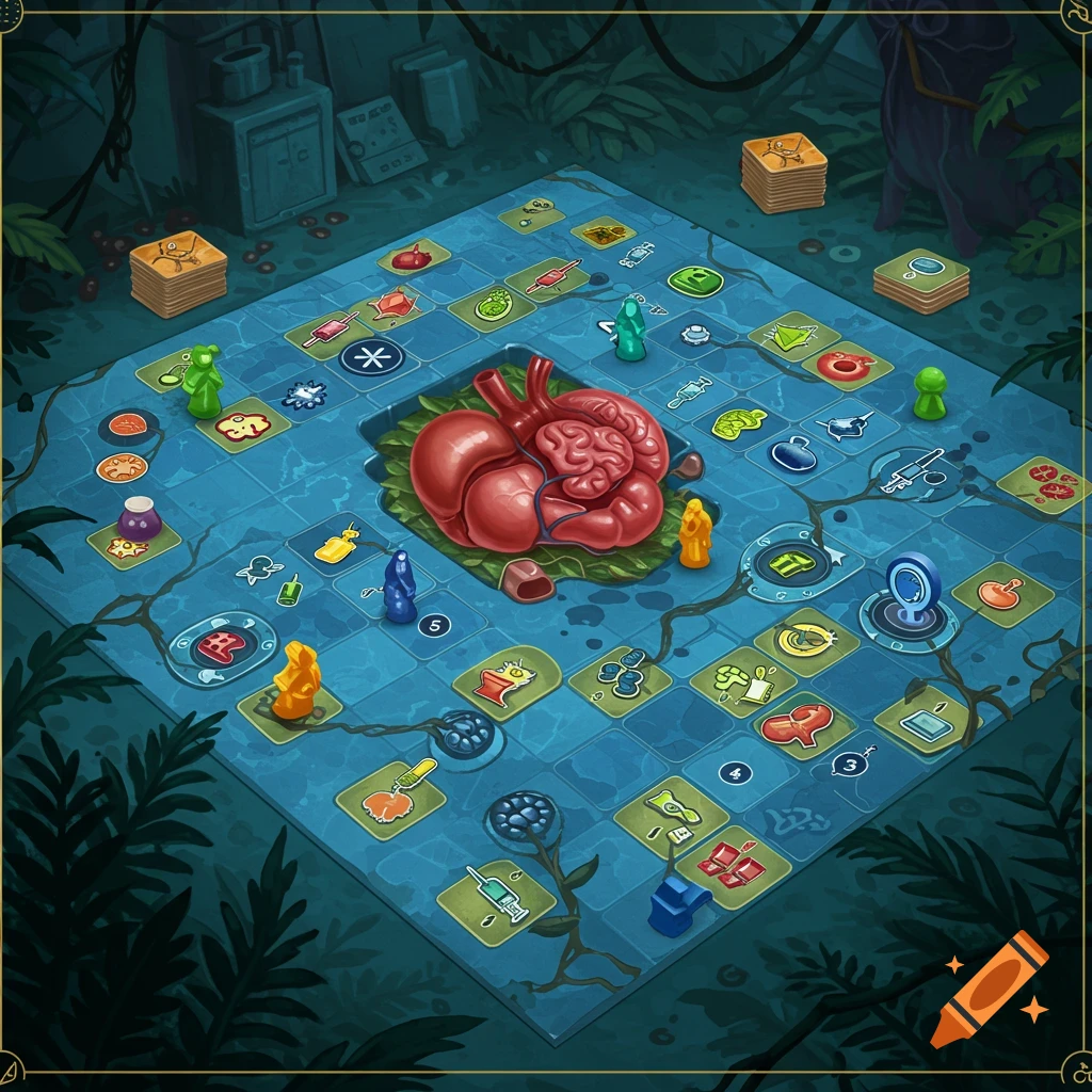 Stylized board game with an organ/hospital theme. Features heart, brain, player pieces, and medical icons.