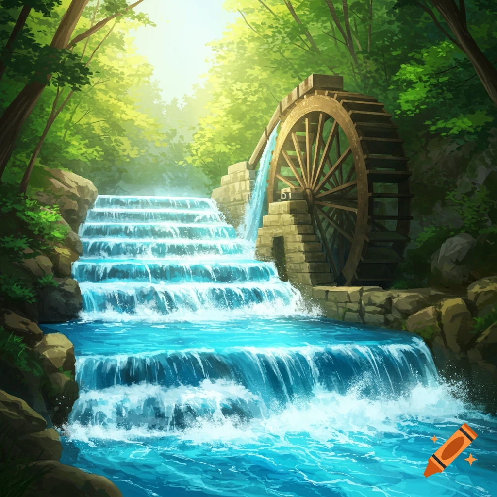 A waterfall cascades into a river next to a water wheel in a lush forest.