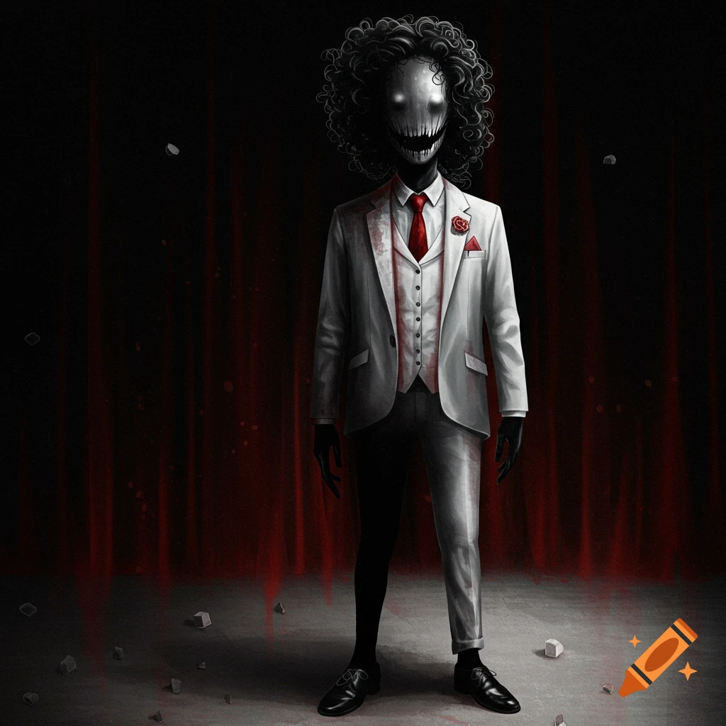 Monstrous figure in bloody white suit with glowing eyes and sharp teeth on a stage.