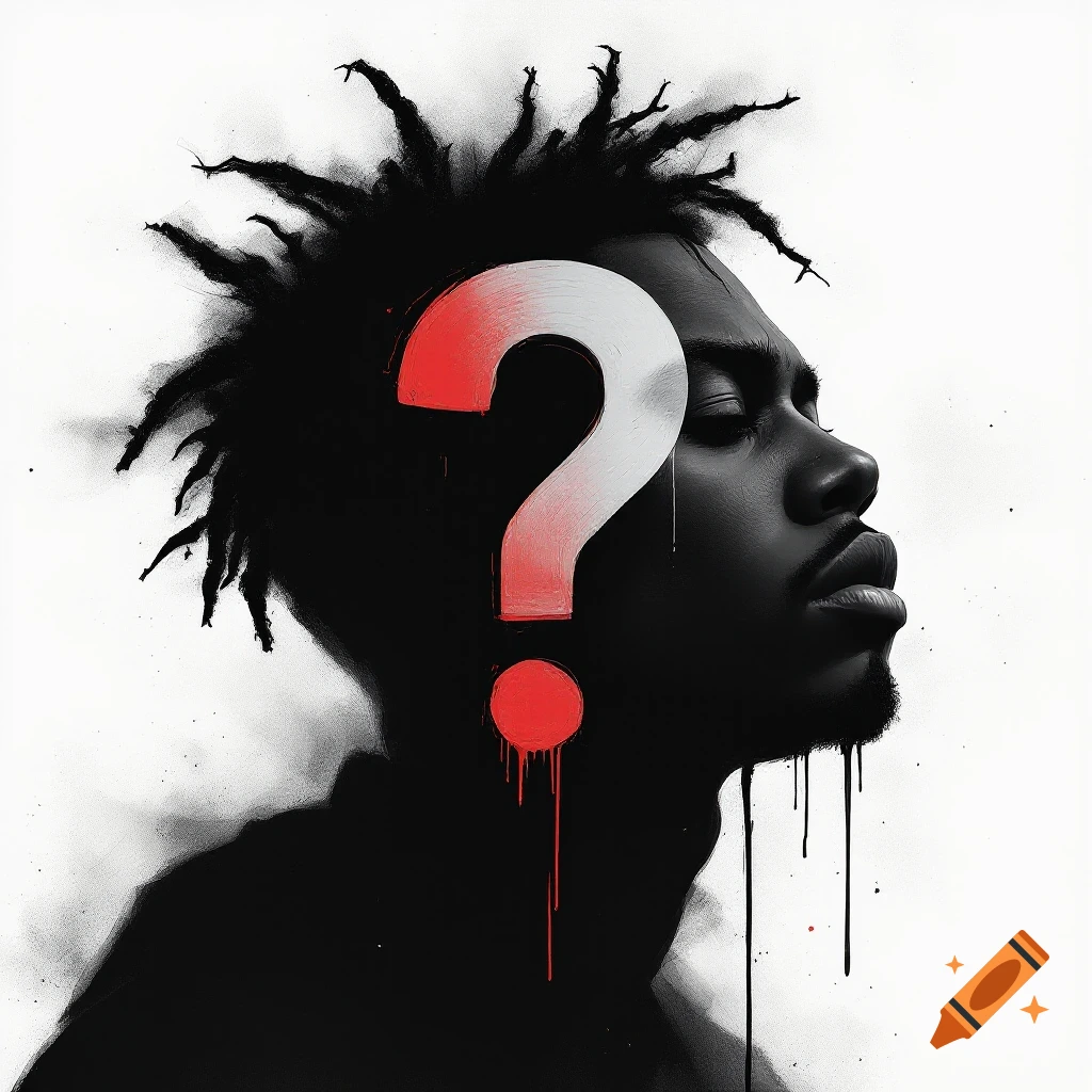 Stylized black and white portrait of a man with a large red and white question mark over his head, with paint drips.